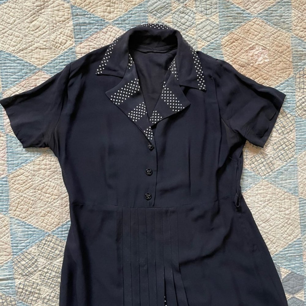 Vintage 1950s black shirt dress with polka-dot accordion pleat